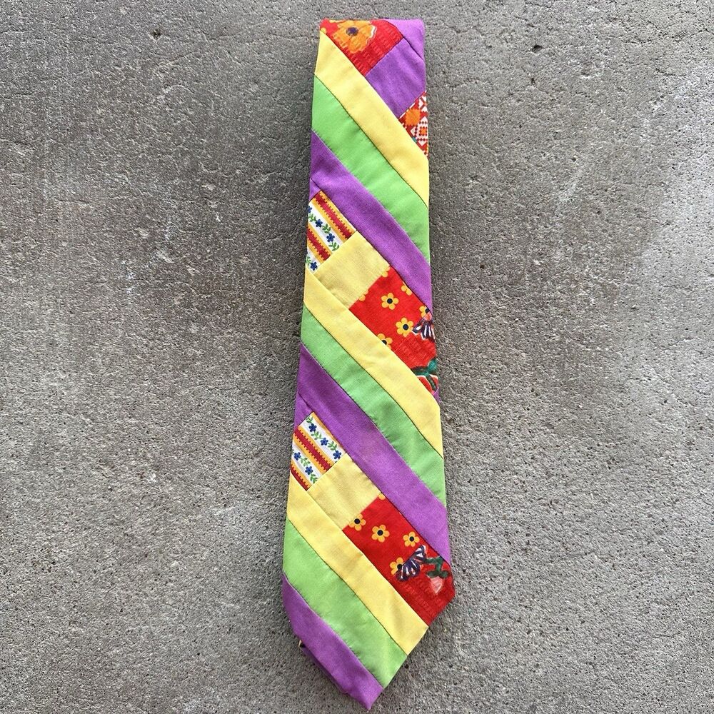 Vintage 70s Neiman Marcus Patchwork Neck Tie Cotton Floral Geometric Mod Hippie